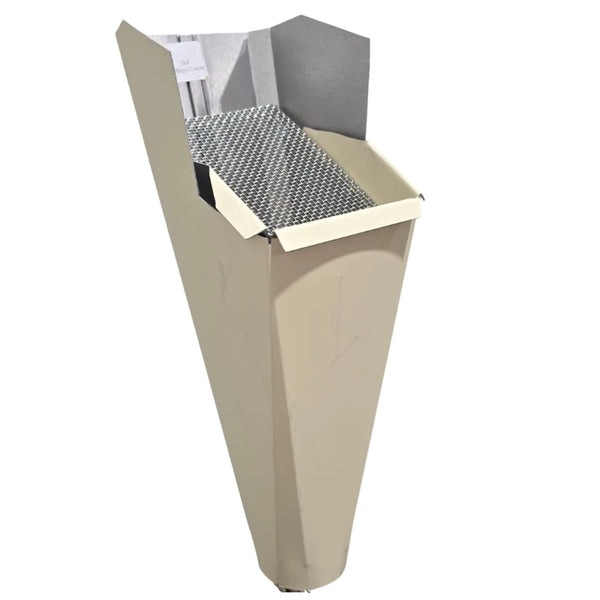 Heritage Cream aluminum gutter downspout cleanout with debris screen filtering leaves before the downspout.