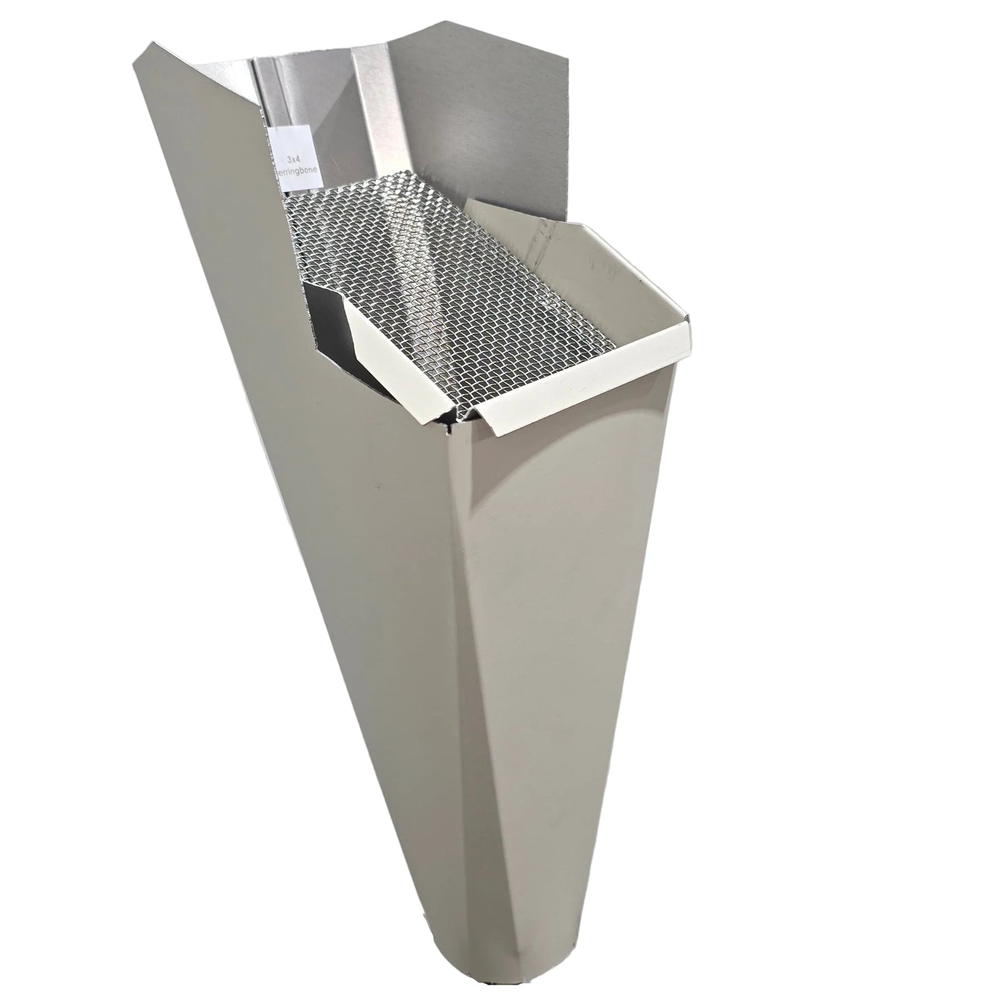 Herringbone aluminum gutter downspout cleanout with debris screen filtering leaves before the downspout.