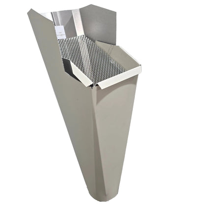 Herringbone aluminum gutter downspout cleanout with debris screen filtering leaves before the downspout.