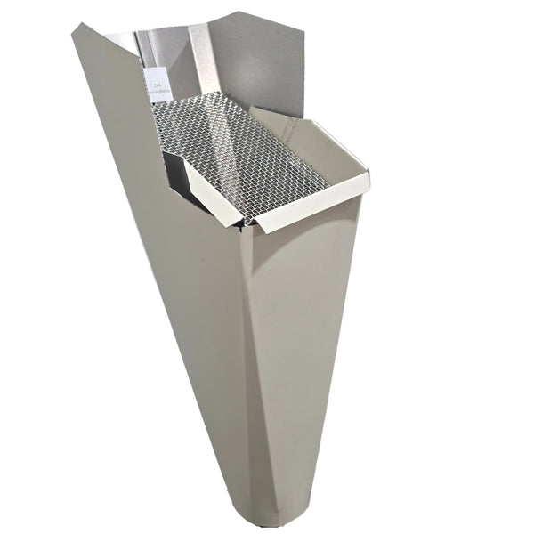 Herringbone aluminum gutter downspout cleanout with debris screen filtering leaves before the downspout.