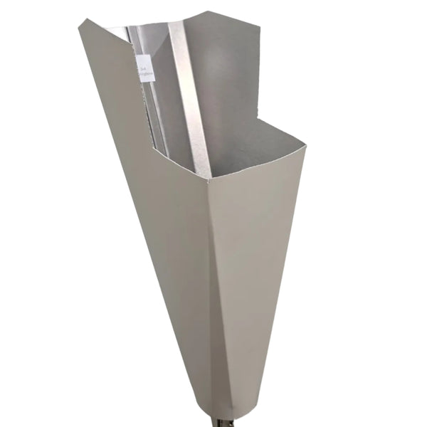 Herringbone aluminum gutter downspout cleanout with debris screen filtering leaves before the downspout.