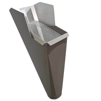 Light Bronze aluminum gutter downspout cleanout with debris screen filtering leaves before the downspout.