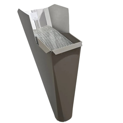 Light Bronze aluminum gutter downspout cleanout with debris screen filtering leaves before the downspout.
