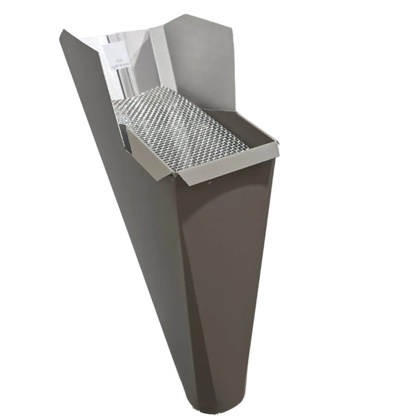 Light Bronze aluminum gutter downspout cleanout with debris screen filtering leaves before the downspout.