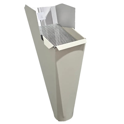 Linen aluminum gutter downspout cleanout with debris screen filtering leaves before the downspout.