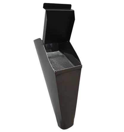 Musket Brown aluminum gutter downspout cleanout with debris screen filtering leaves before the downspout.