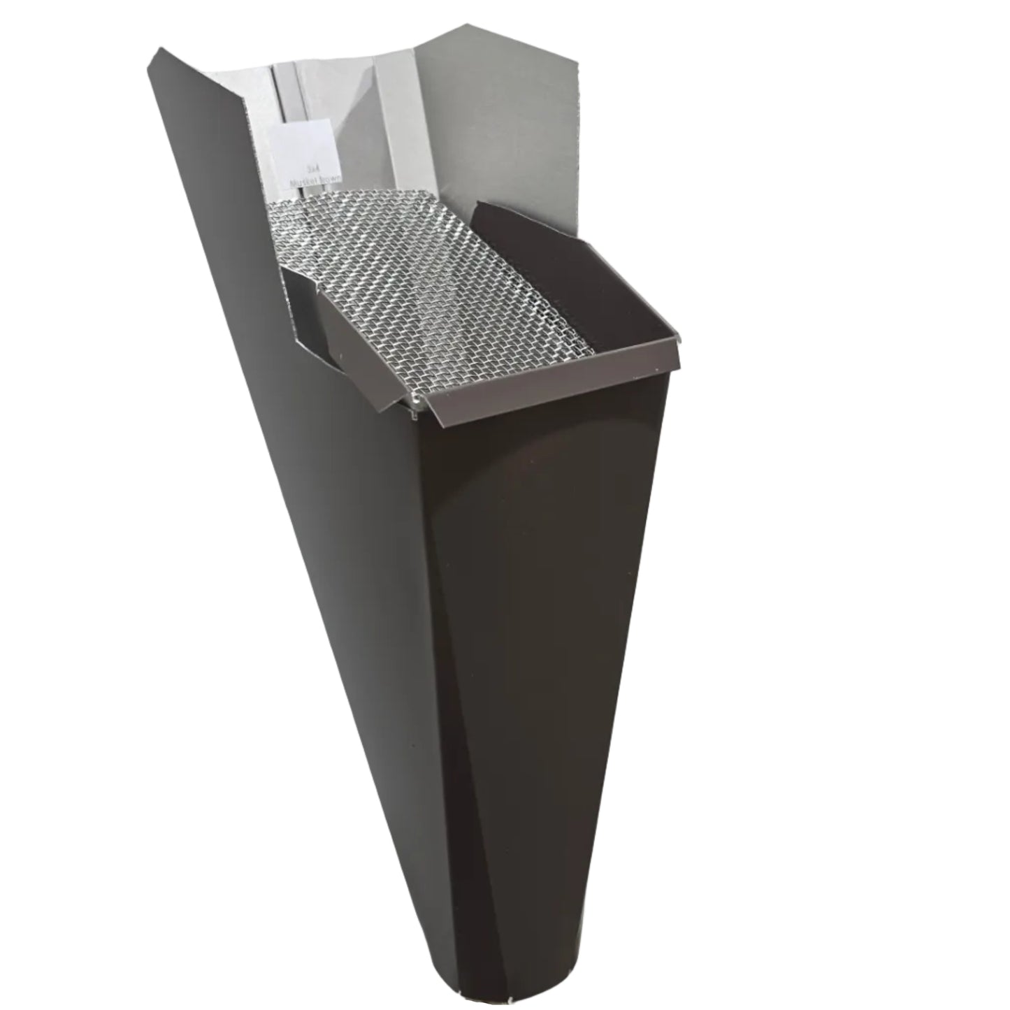 Musket Brown aluminum gutter downspout cleanout with debris screen filtering leaves before the downspout.