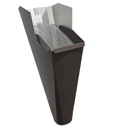 Musket Brown aluminum gutter downspout cleanout with debris screen filtering leaves before the downspout.