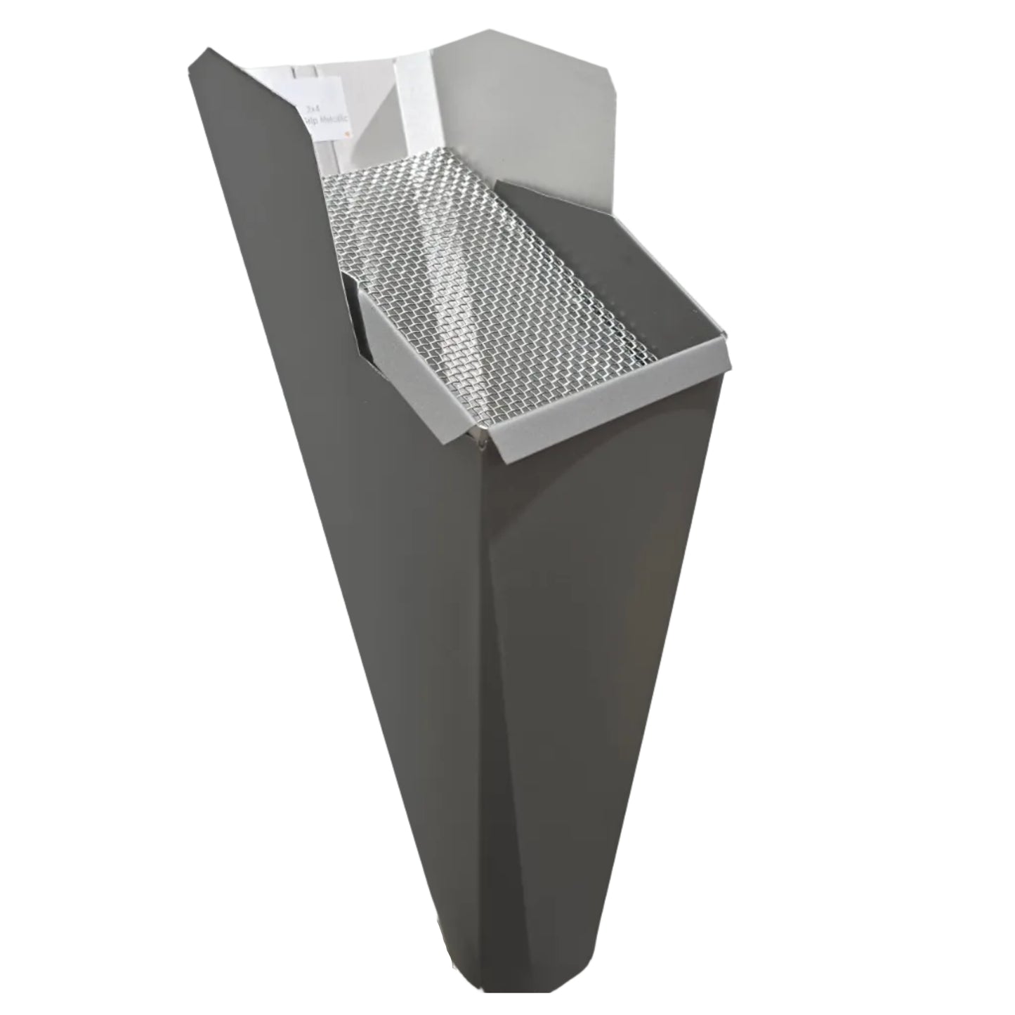 Paint Grip Metallic aluminum gutter downspout cleanout with debris screen filtering leaves before the downspout.