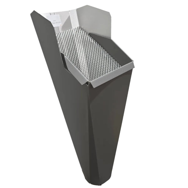 Paint Grip Metallic aluminum gutter downspout cleanout with debris screen filtering leaves before the downspout.