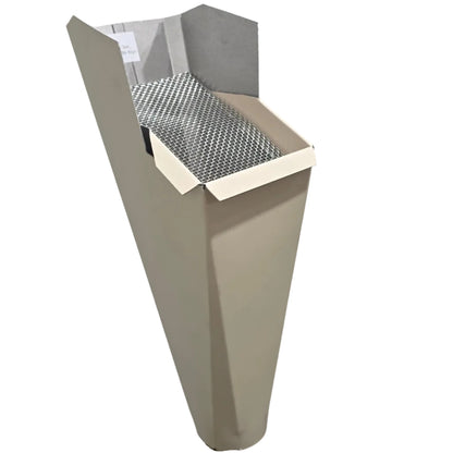 Raffia Beige aluminum gutter downspout cleanout with debris screen filtering leaves before the downspout.