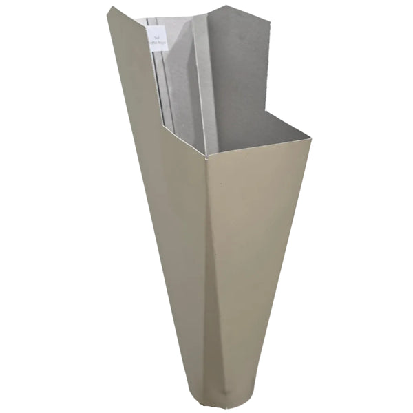 Raffia Beige aluminum gutter downspout cleanout with debris screen filtering leaves before the downspout.