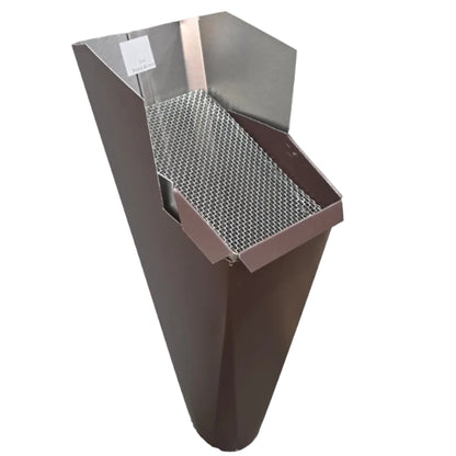 Royal Brown aluminum gutter downspout cleanout with debris screen filtering leaves before the downspout.