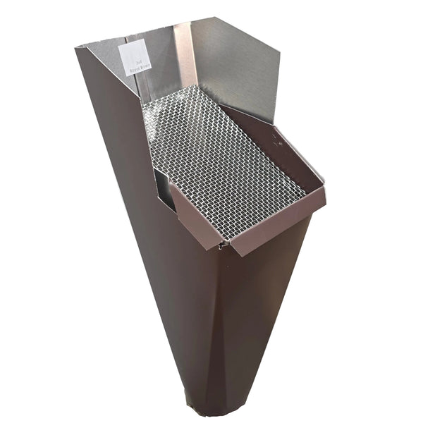 royal brown aluminum gutter downspout cleanout with debris screen filtering leaves before the downspout.