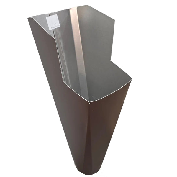 Royal Brown aluminum gutter downspout cleanout with debris screen filtering leaves before the downspout.