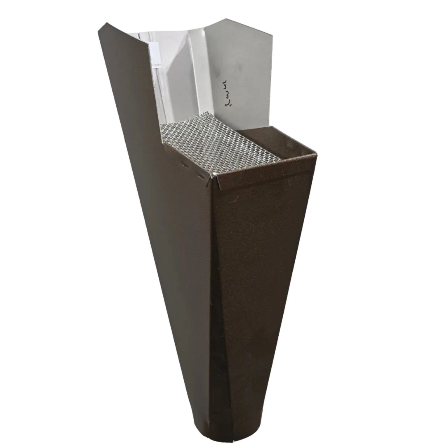 Rustic Copper aluminum gutter downspout cleanout with debris screen filtering leaves before the downspout.