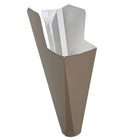 Safari Beige aluminum gutter downspout cleanout with debris screen filtering leaves before the downspout.