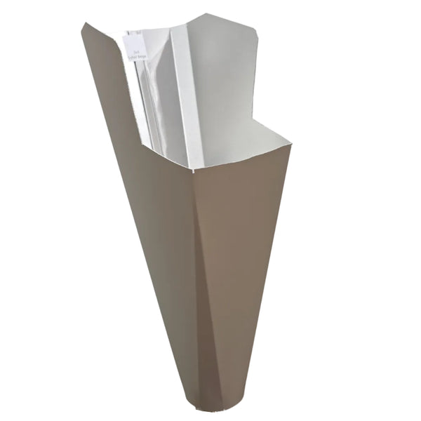 Safari Beige aluminum gutter downspout cleanout with debris screen filtering leaves before the downspout.