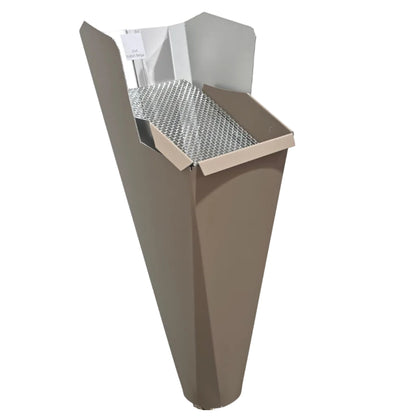 Safari Beige aluminum gutter downspout cleanout with debris screen filtering leaves before the downspout.