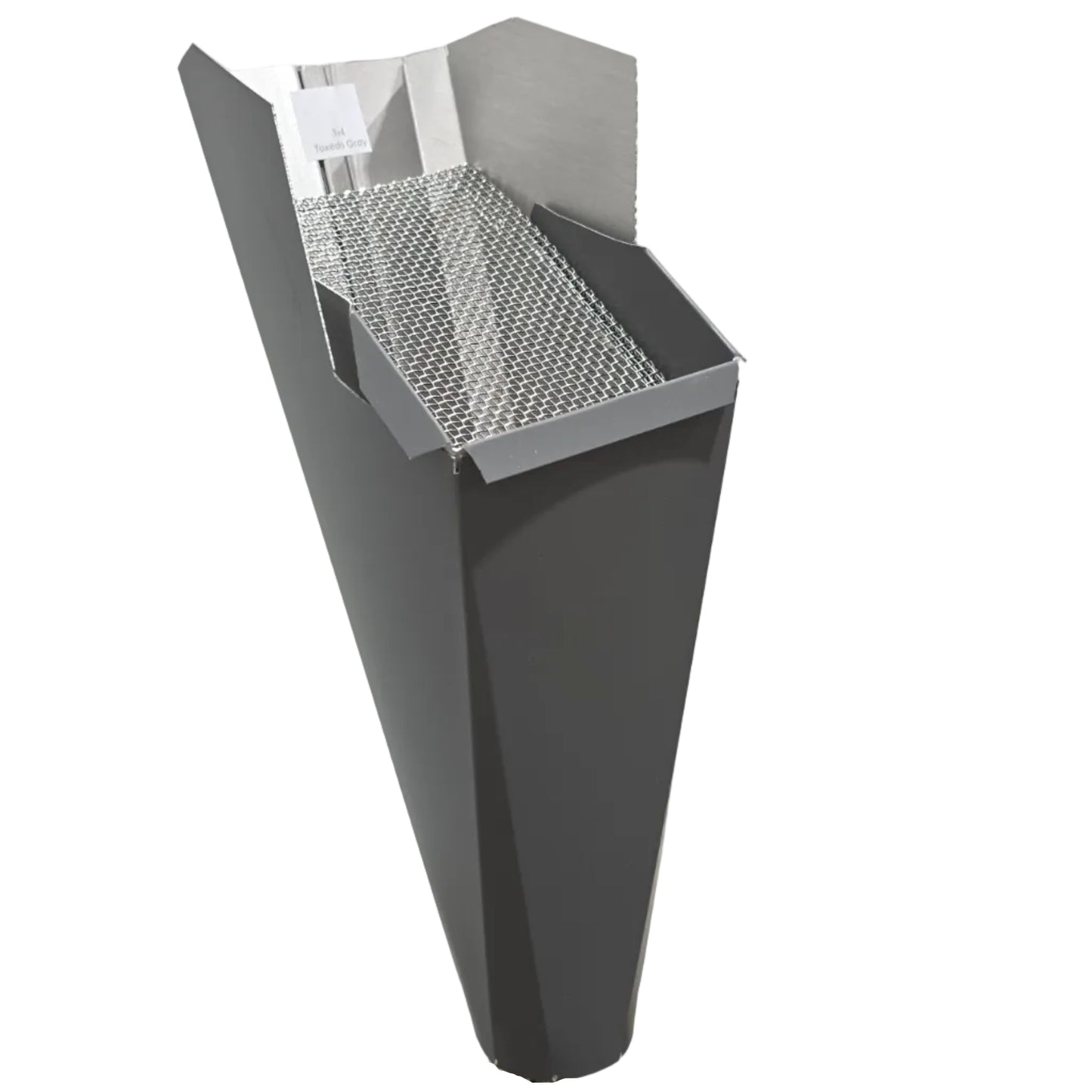 Tuxedo Gray aluminum gutter downspout cleanout with debris screen filtering leaves before the downspout.