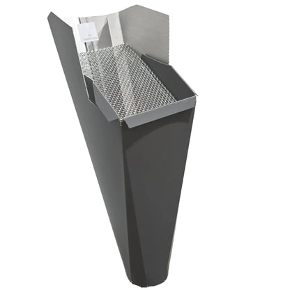 Tuxedo Gray aluminum gutter downspout cleanout with debris screen filtering leaves before the downspout.