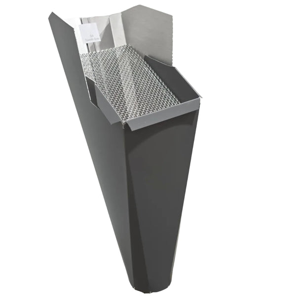 Tuxedo Gray aluminum gutter downspout cleanout with debris screen filtering leaves before the downspout.
