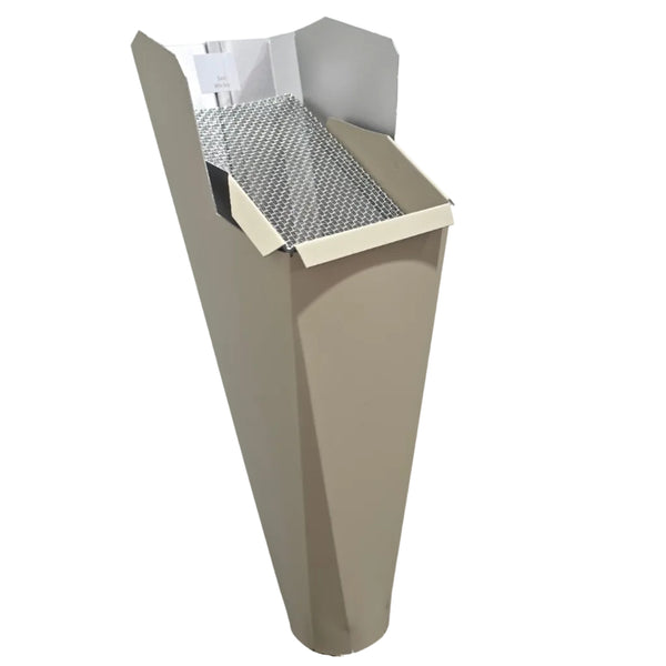 Wicker aluminum gutter downspout cleanout with debris screen filtering leaves before the downspout.