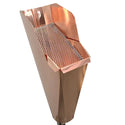Copper aluminum gutter downspout cleanout with debris screen filtering leaves before the downspout.