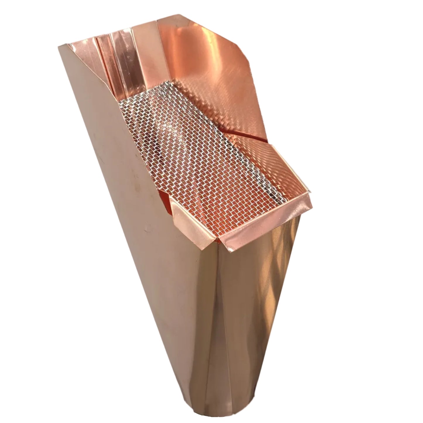 Copper aluminum gutter downspout cleanout with debris screen filtering leaves before the downspout.