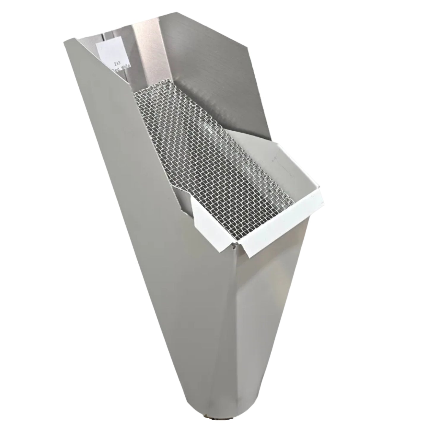 2x3 30_Deg. White  aluminum gutter downspout cleanout with debris screen filtering leaves before the downspout.