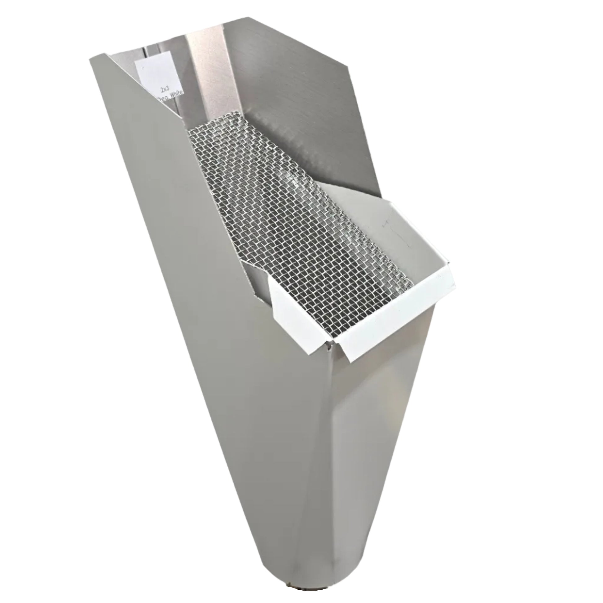 2x3 30_Deg. White  aluminum gutter downspout cleanout with debris screen filtering leaves before the downspout.