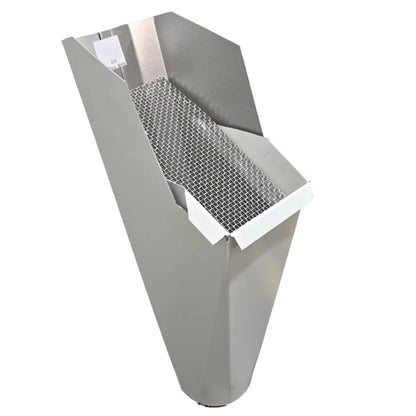 2x3 30_Deg. White  aluminum gutter downspout cleanout with debris screen filtering leaves before the downspout.