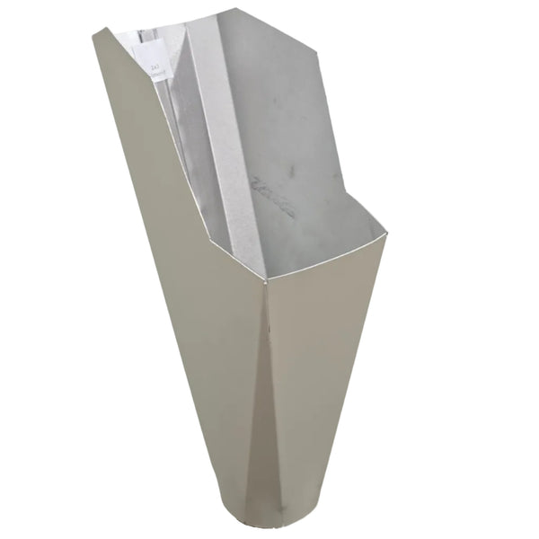 2x3 Almond aluminum gutter downspout cleanout with debris screen filtering leaves before the downspout.