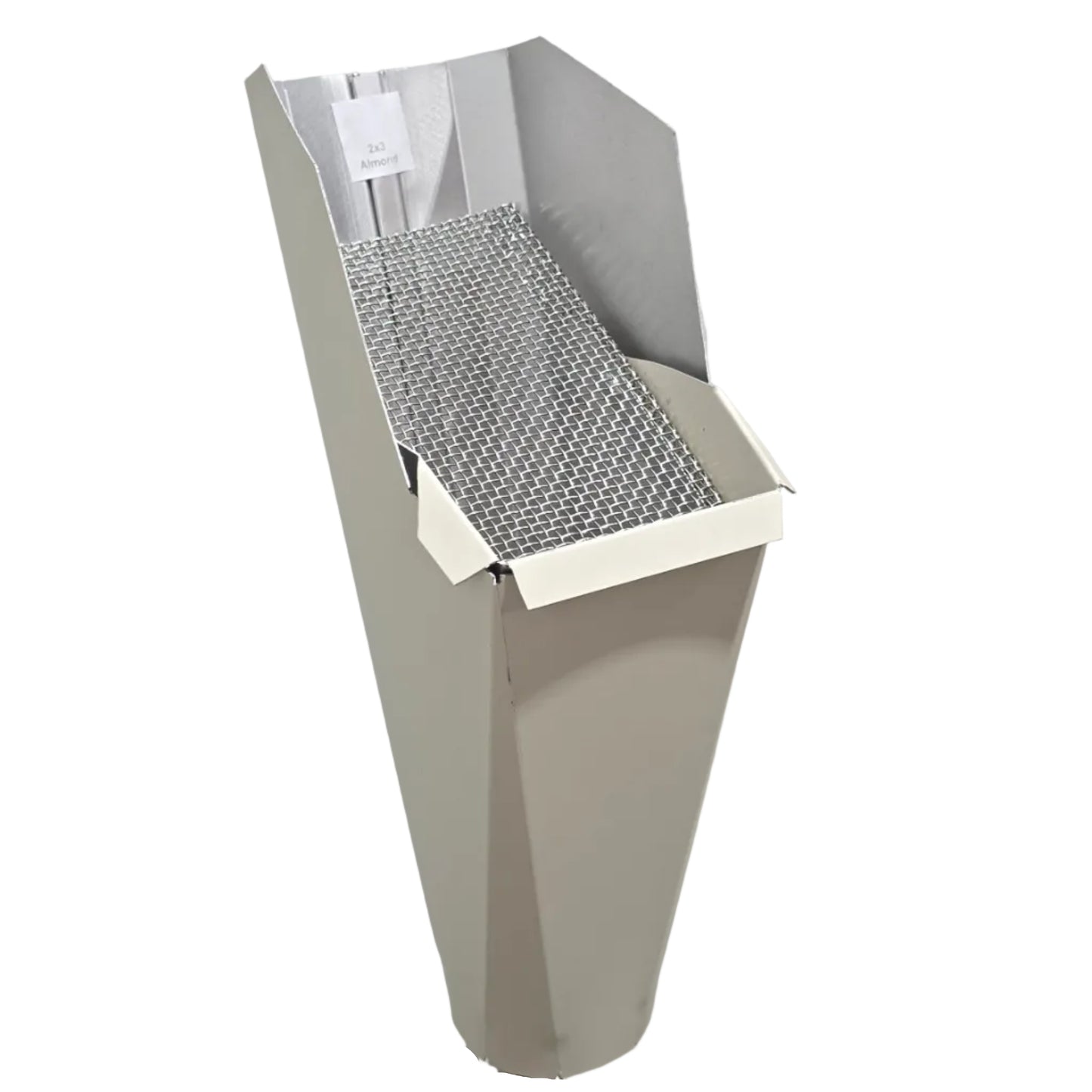 2x3 Almond aluminum gutter downspout cleanout with debris screen filtering leaves before the downspout.