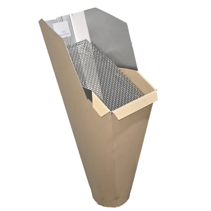 2x3 Antique Ivory  aluminum gutter downspout cleanout with debris screen filtering leaves before the downspout.