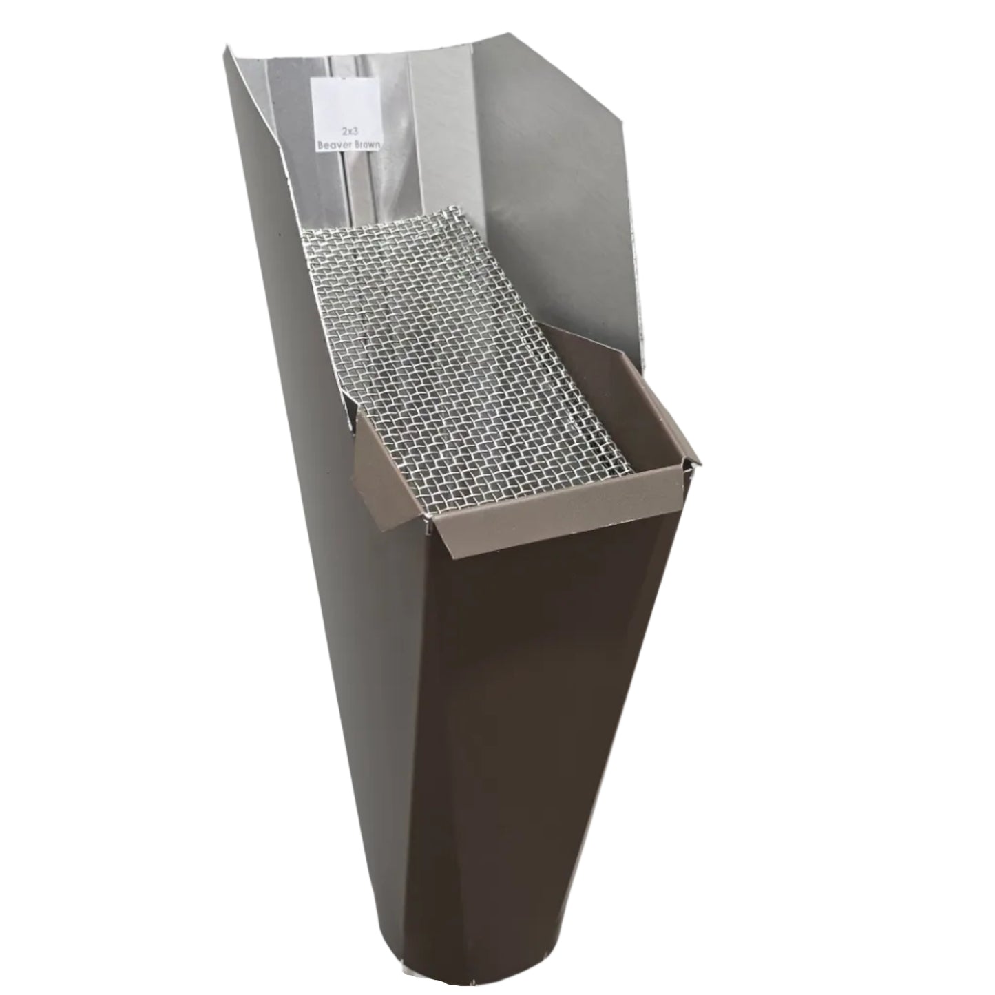 2x3-Beaver_Brown aluminum gutter downspout cleanout with debris screen filtering leaves before the downspout.