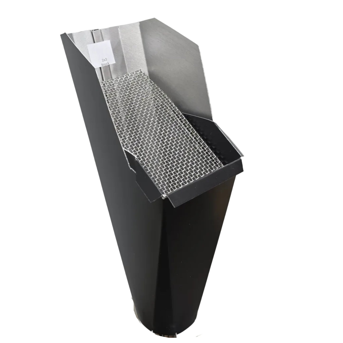 2x3 Black  aluminum gutter downspout cleanout with debris screen filtering leaves before the downspout.