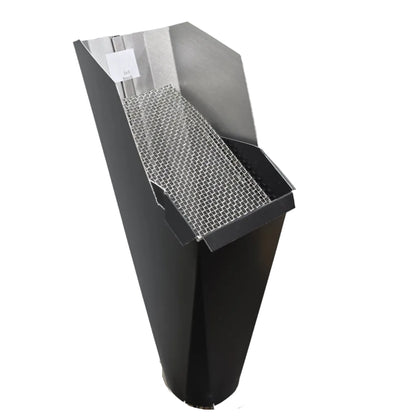 2x3 Black  aluminum gutter downspout cleanout with debris screen filtering leaves before the downspout.