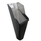 2x3 Black  aluminum gutter downspout cleanout with debris screen filtering leaves before the downspout.