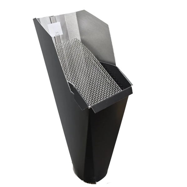 2x3 Black  aluminum gutter downspout cleanout with debris screen filtering leaves before the downspout.
