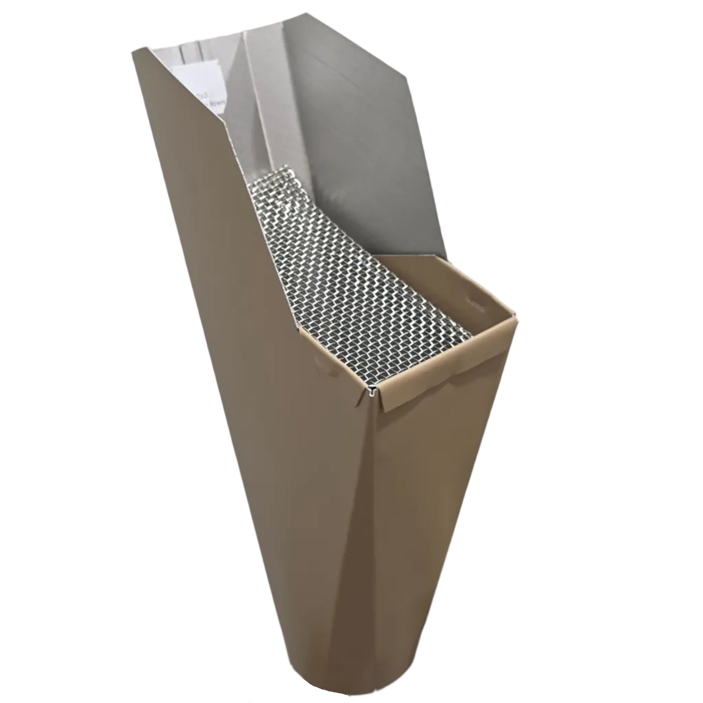 2x3 Buckskin Brown aluminum gutter downspout cleanout with debris screen filtering leaves before the downspout.