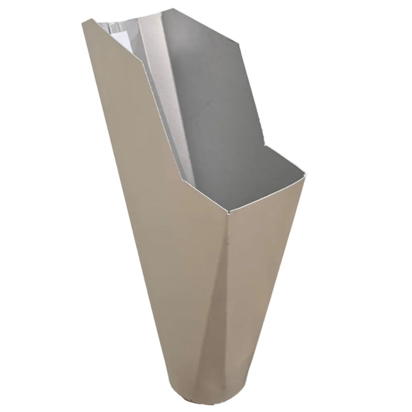 2x3 Classic Cream aluminum gutter downspout cleanout with debris screen filtering leaves before the downspout.