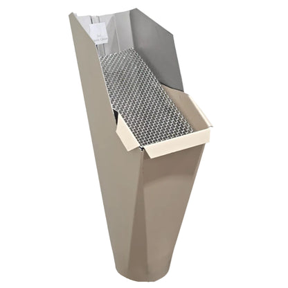 2x3 Classic Cream aluminum gutter downspout cleanout with debris screen filtering leaves before the downspout.