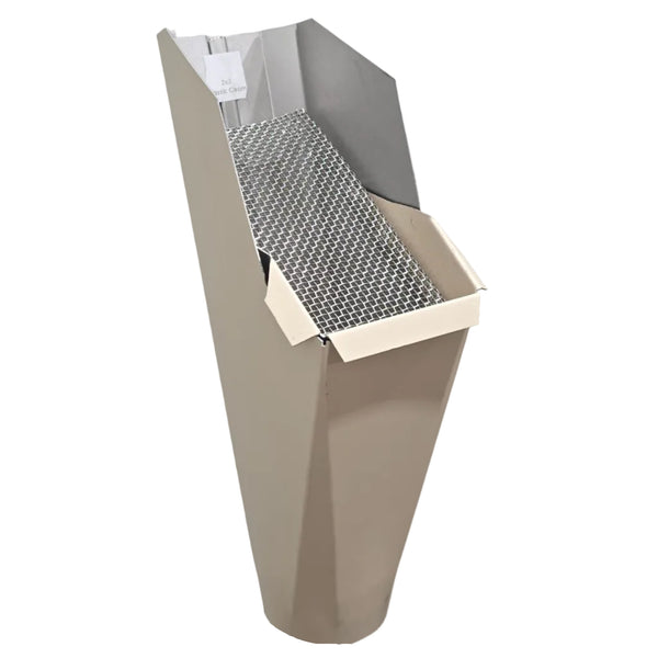 2x3 Classic Cream aluminum gutter downspout cleanout with debris screen filtering leaves before the downspout.