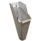 2x3 Clay aluminum gutter downspout cleanout with debris screen filtering leaves before the downspout.