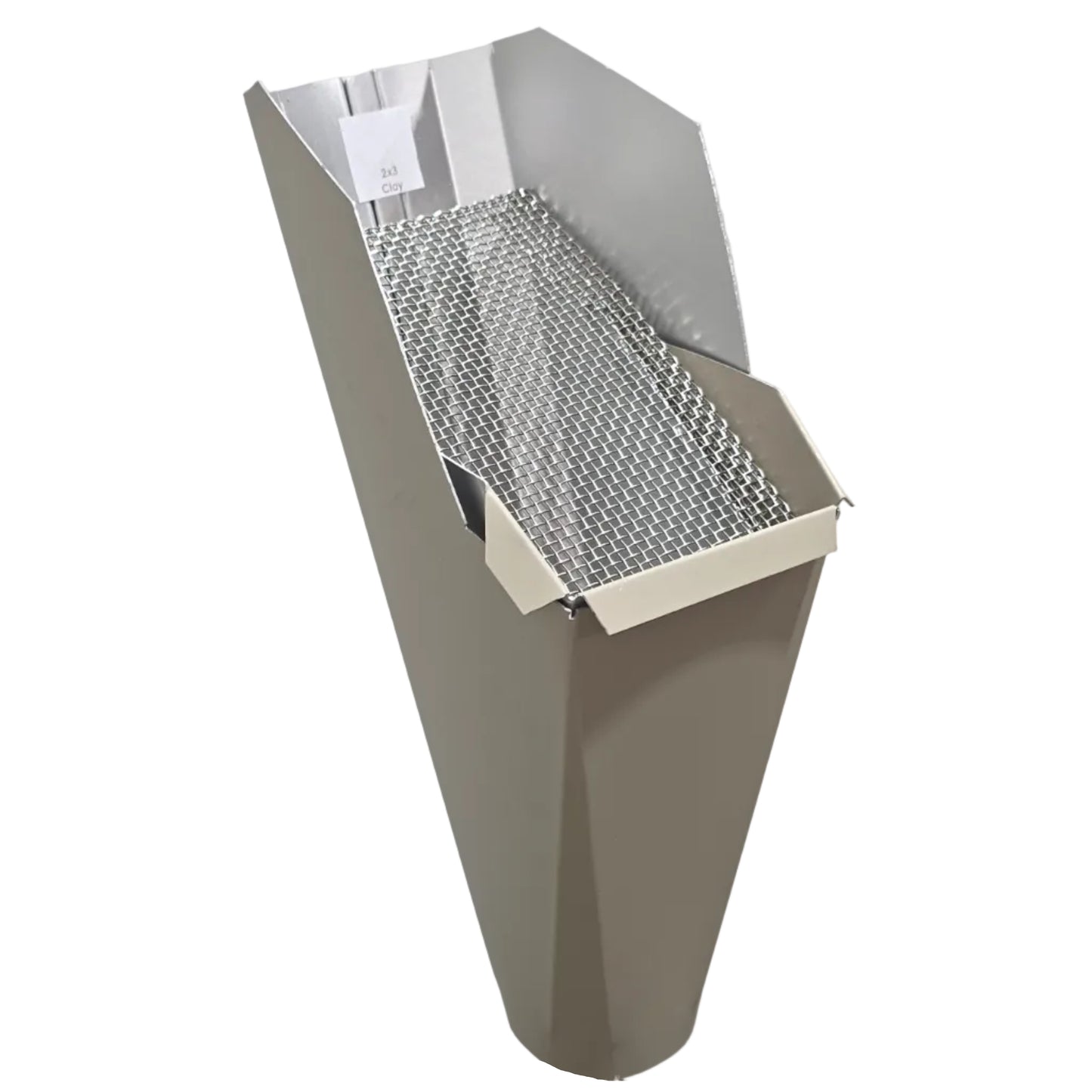 2x3 Clay aluminum gutter downspout cleanout with debris screen filtering leaves before the downspout.