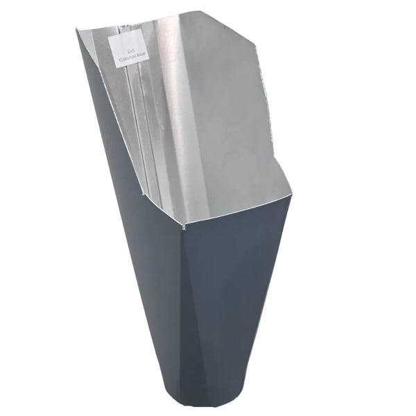 2x3 Colonial Blue aluminum gutter downspout cleanout with debris screen filtering leaves before the downspout.