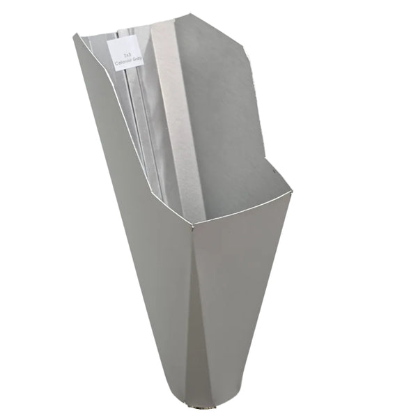 2x3 Colonial Gray  aluminum gutter downspout cleanout with debris screen filtering leaves before the downspout.