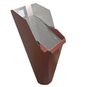2x3 Colonial Red  aluminum gutter downspout cleanout with debris screen filtering leaves before the downspout.