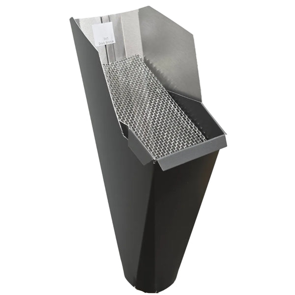 2x3 Dark Bronze aluminum gutter downspout cleanout with debris screen filtering leaves before the downspout.